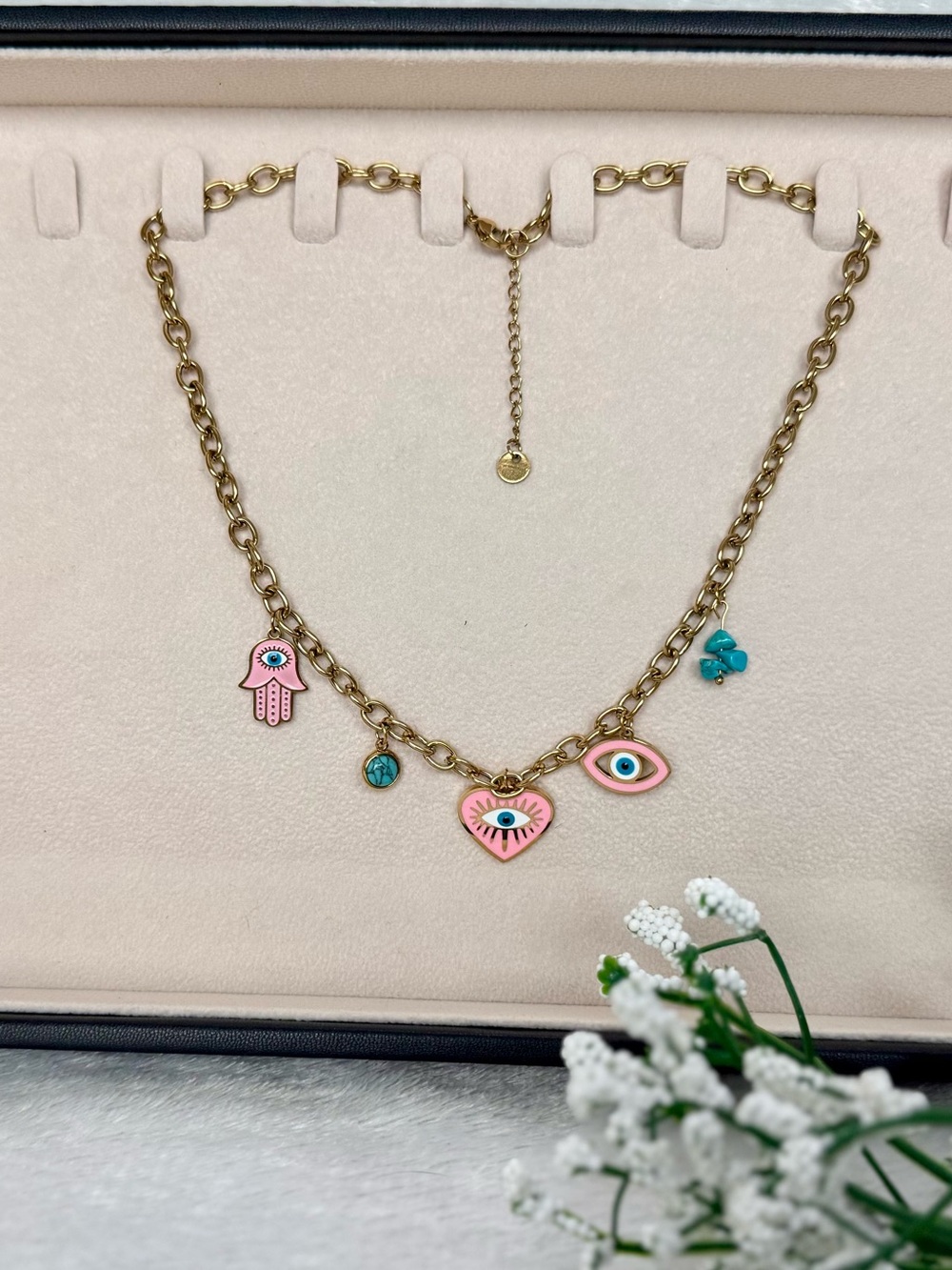 Boho Gold Chain Charm Necklace with Pink Eye & Hamsa Charms